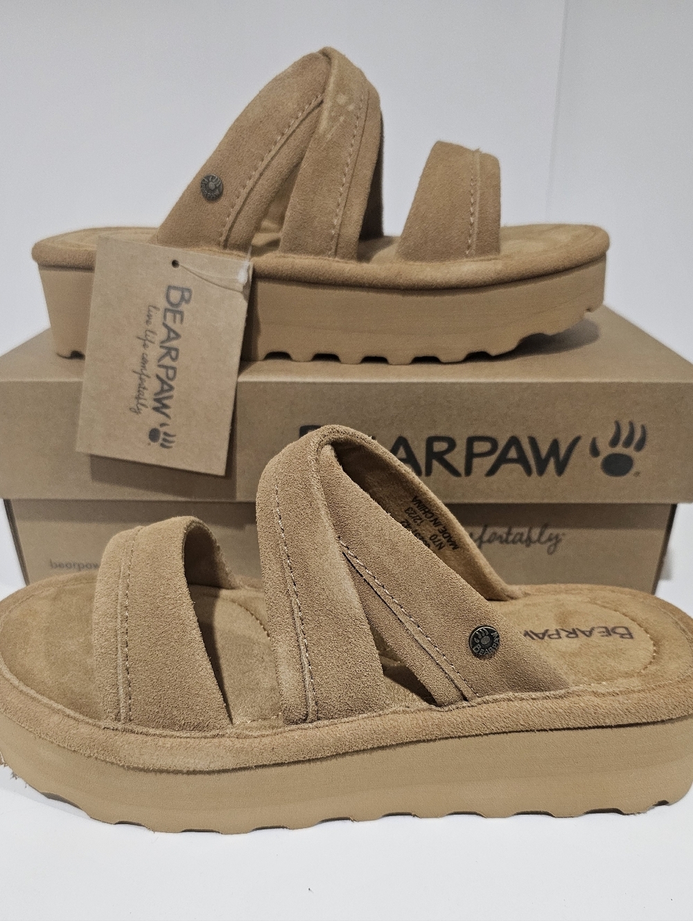 BearPaw Suede Double-Strap Platform Slide Sandals In Iced Coffee Color